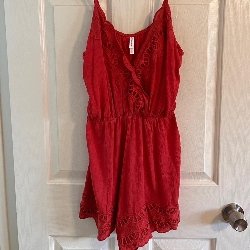 Coral red lace romper